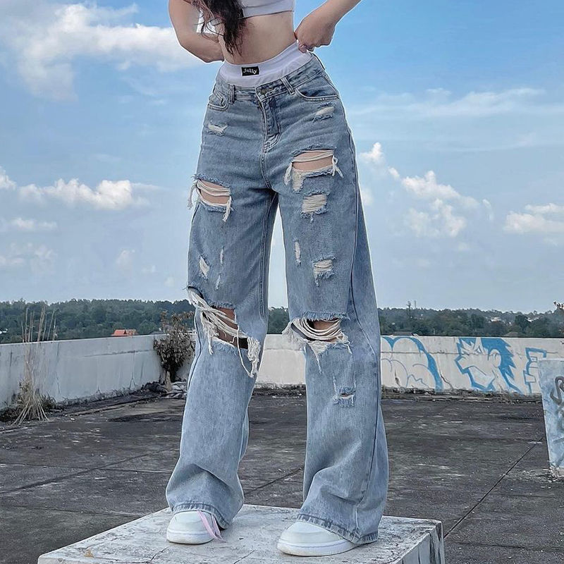 Ripped Straight Jeans Kawaii Side