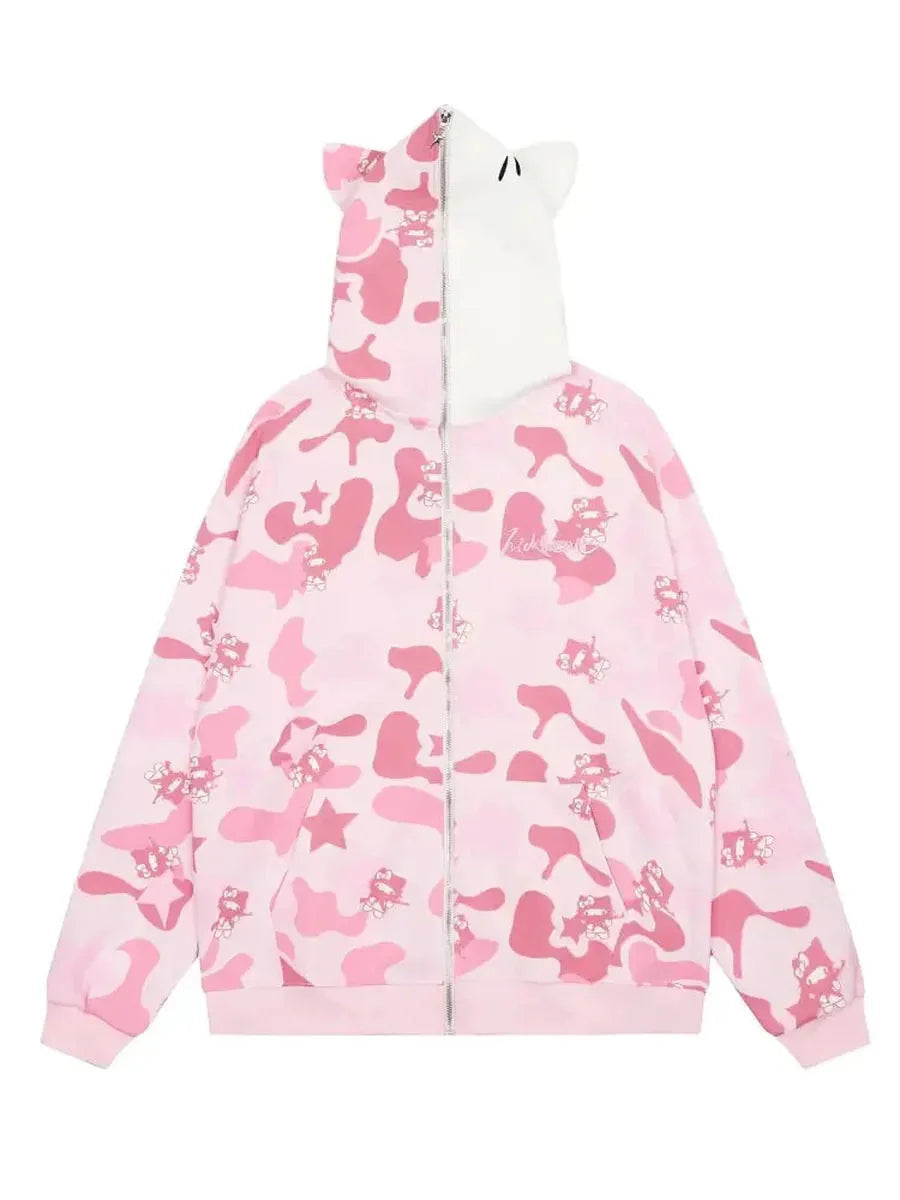 'Wild Kitty' Kawaii Kitty Face Zipped Oversized Hoodie