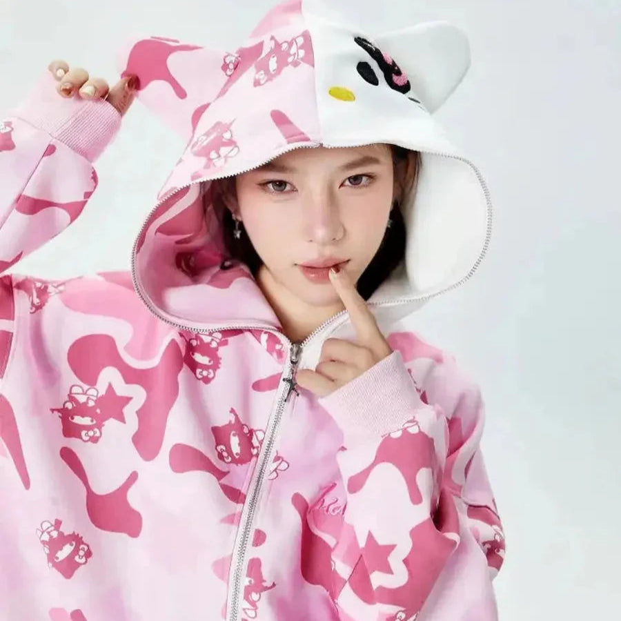 'Wild Kitty' Kawaii Kitty Face Zipped Oversized Hoodie