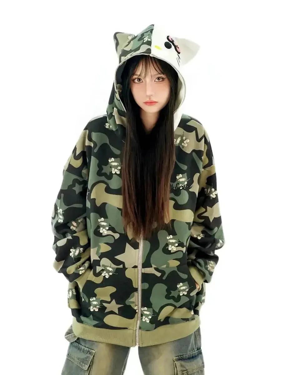 'Wild Kitty' Kawaii Kitty Face Zipped Oversized Hoodie