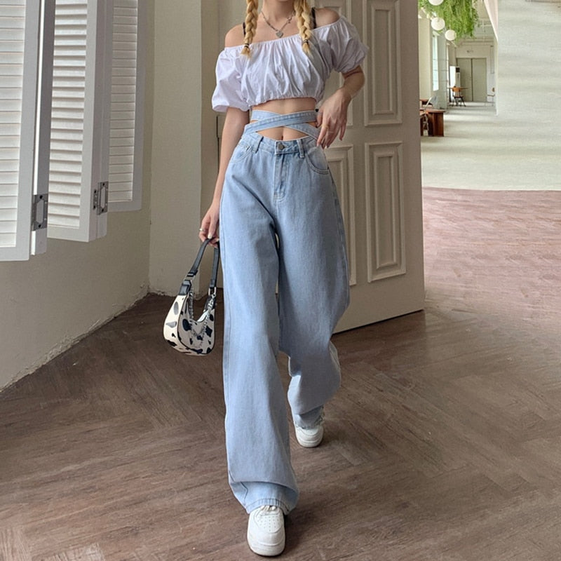 Denim Retro High Waist Pants Kawaii Side