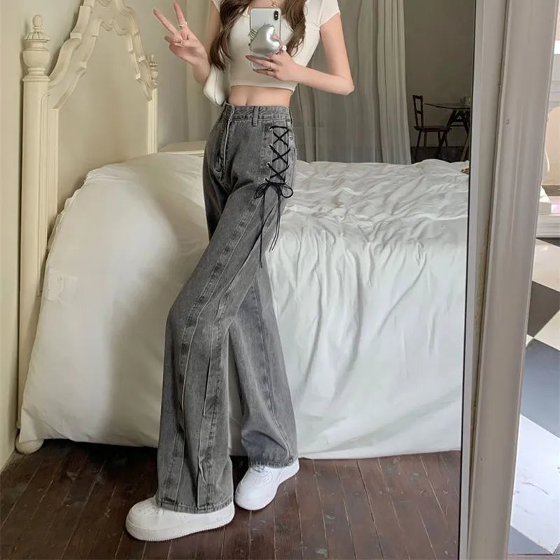 Lace Up High Waist Jeans Kawaii Side