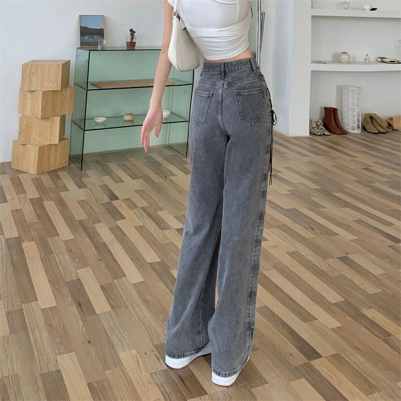 Lace Up High Waist Jeans Kawaii Side