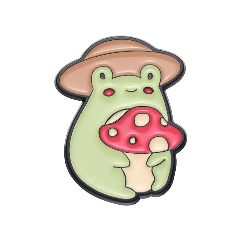 Cute Frogs Enamel Pins Custom Frog Pick Mushrooms Guitar Brooches Lapel Badges Animal Plant Jewelry Gift for Kid Friends Kawaii Side