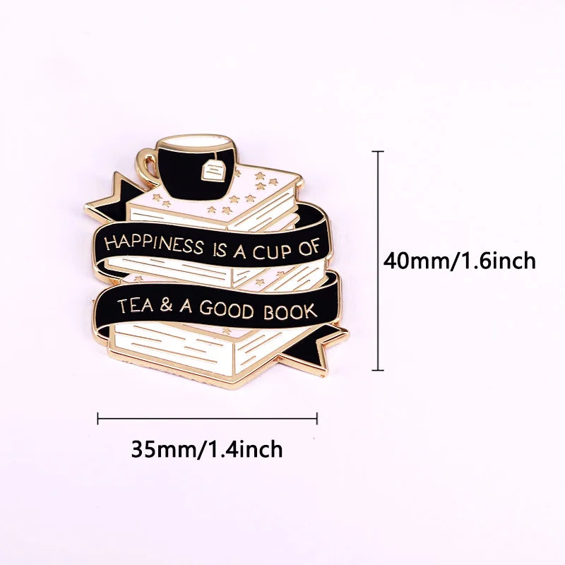 Tea And Book Hard Enamel Pin Happiness Brooch Read And Tea Lovers Collect Gift Kawaii Side