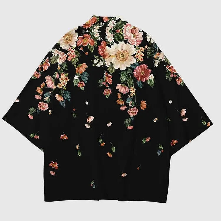 Vintage Floral Print Casual Cardigan Kimono Outerwear - Kawaii Side