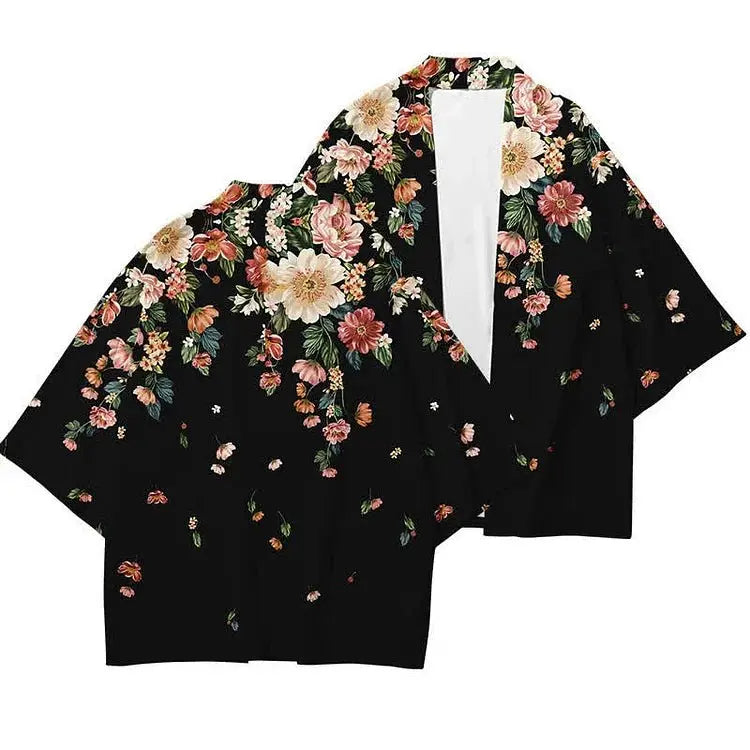 Vintage Floral Print Casual Cardigan Kimono Outerwear - Kawaii Side