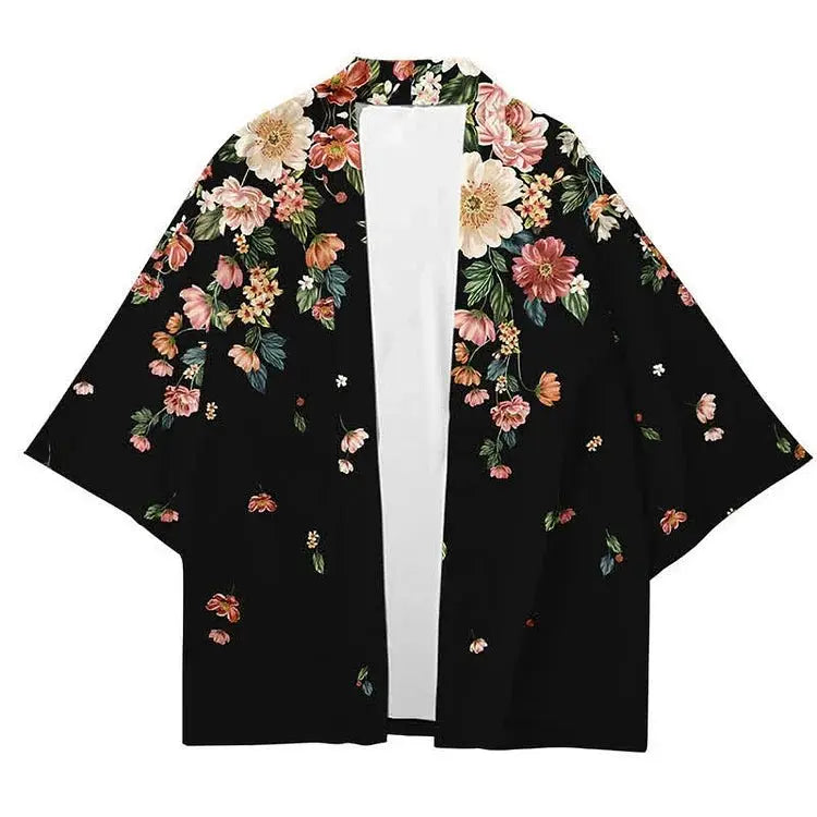 Vintage Floral Print Casual Cardigan Kimono Outerwear - Kawaii Side