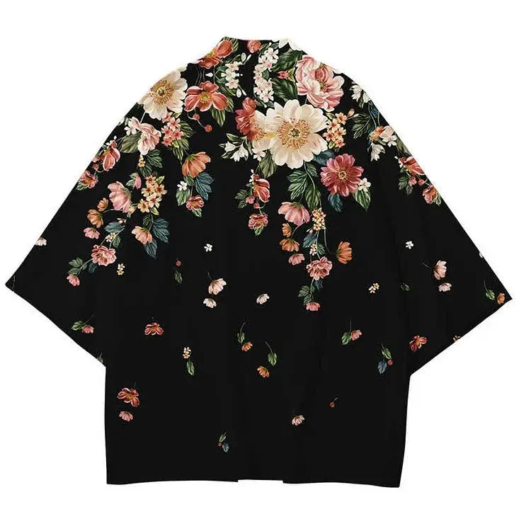 Vintage Floral Print Casual Cardigan Kimono Outerwear - Kawaii Side