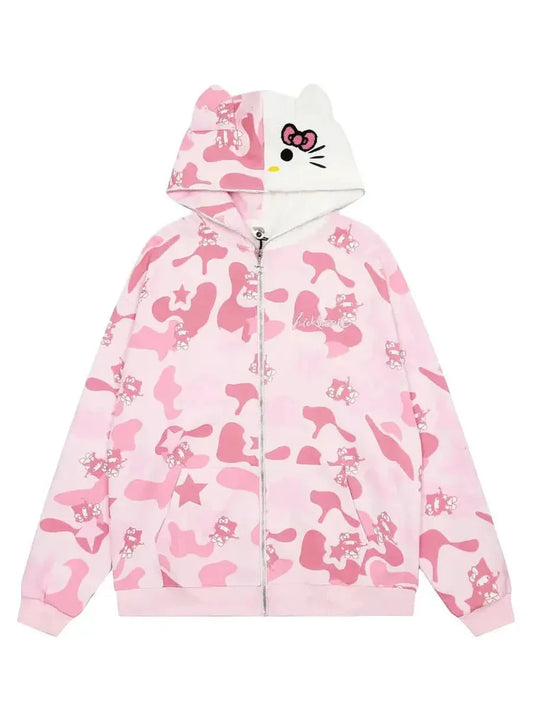 'Wild Kitty' Kawaii Kitty Face Zipped Oversized  Hoodie