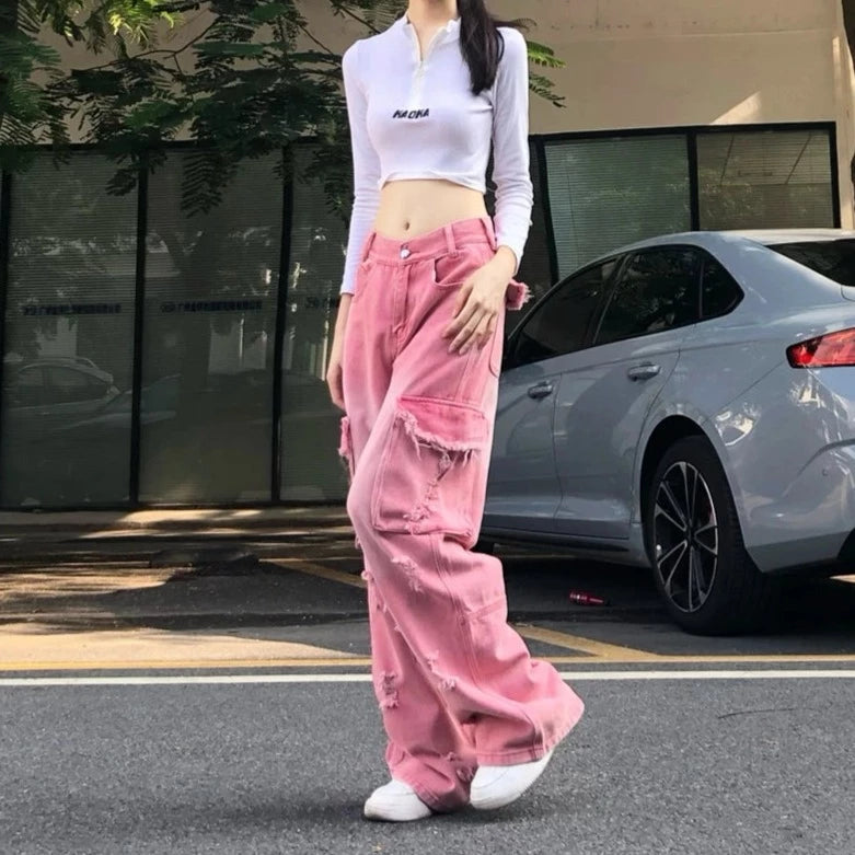 High Waist Wide Jeans Kawaii Side