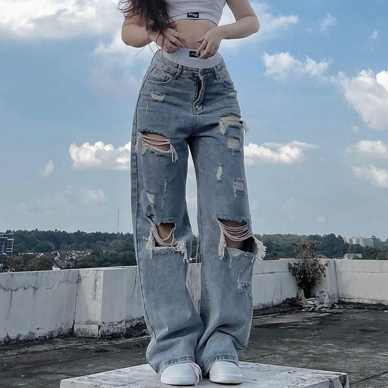 Ripped Straight Jeans Kawaii Side