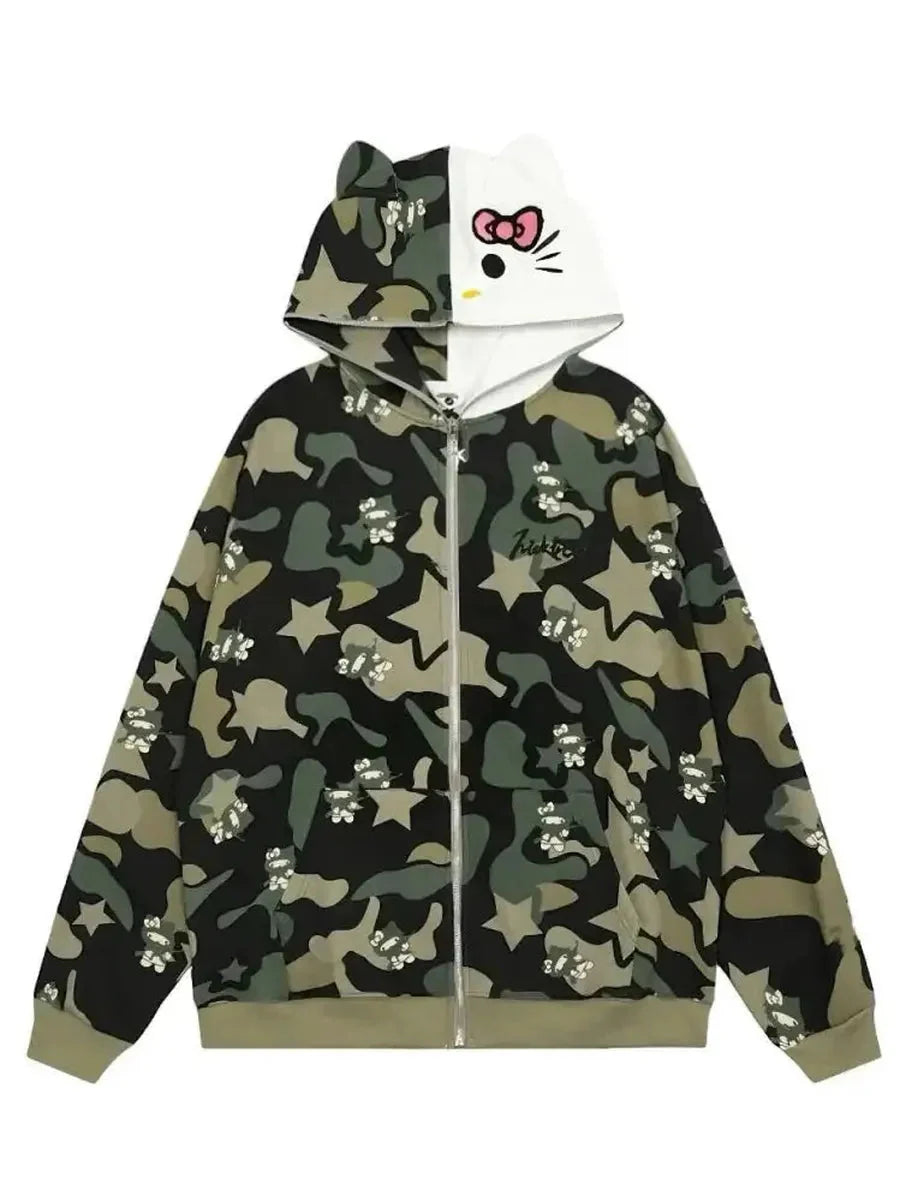 'Wild Kitty' Kawaii Kitty Face Zipped Oversized Hoodie