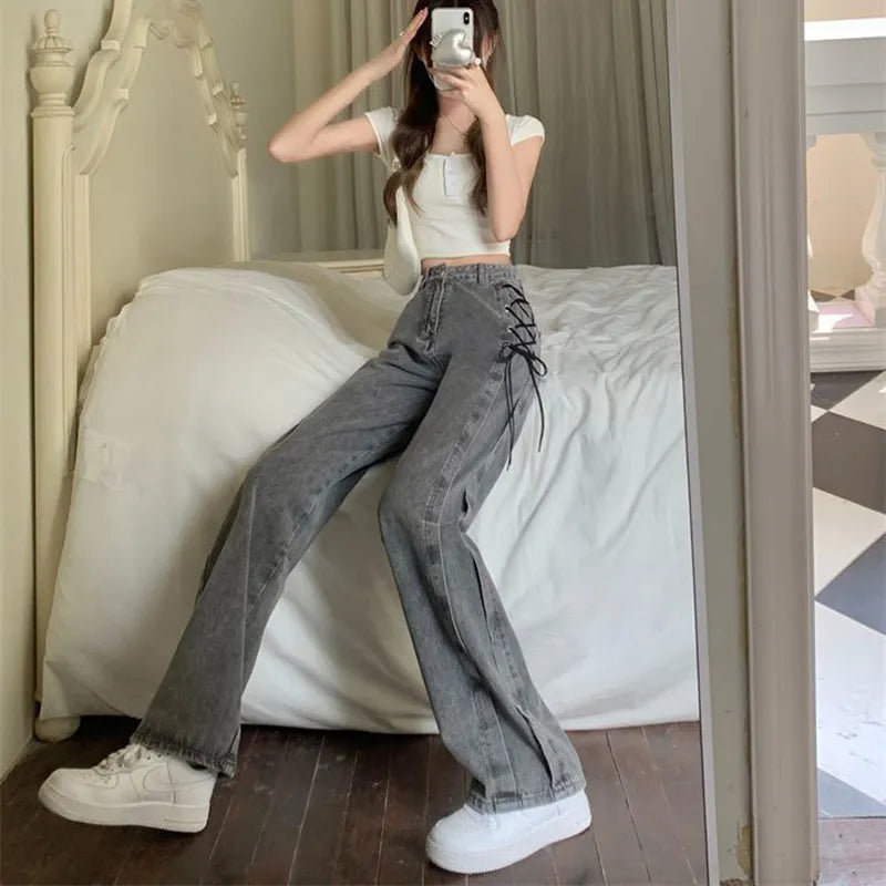 Lace Up High Waist Jeans Kawaii Side