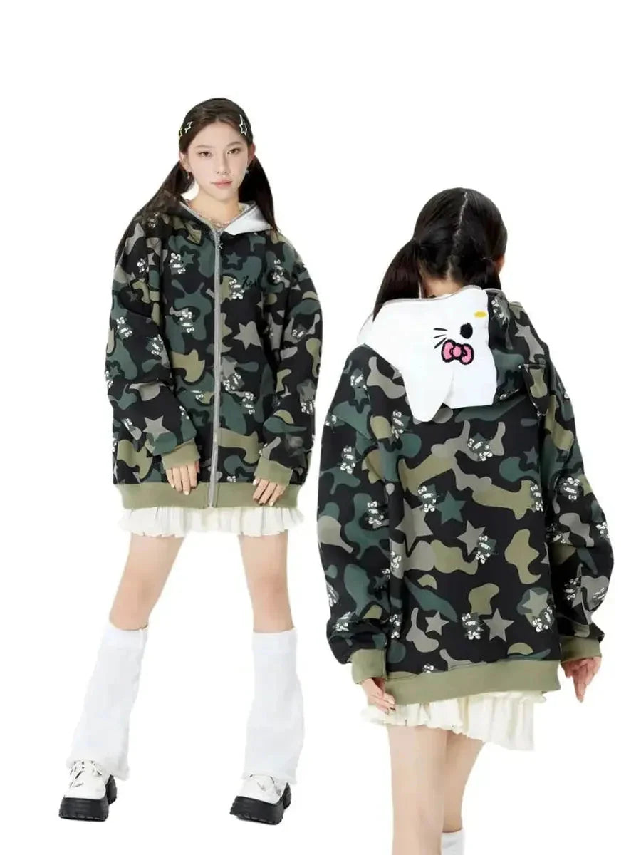 'Wild Kitty' Kawaii Kitty Face Zipped Oversized Hoodie