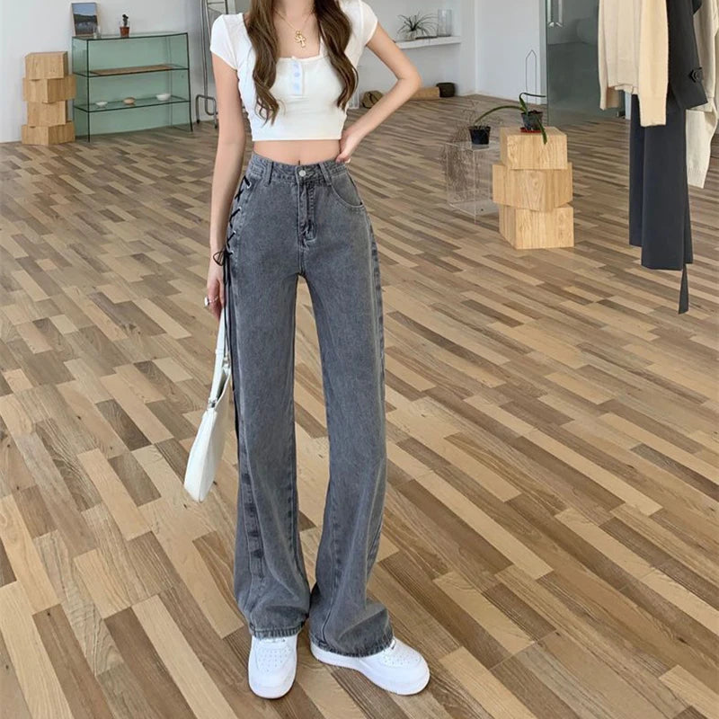 Lace Up High Waist Jeans Kawaii Side