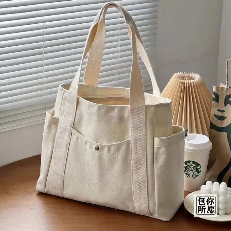 Large Capacity Canvas Tote Bags for Work Commuting Carrying Bag College Style Student Outfit Book Shoulder Bag GatoGeek white