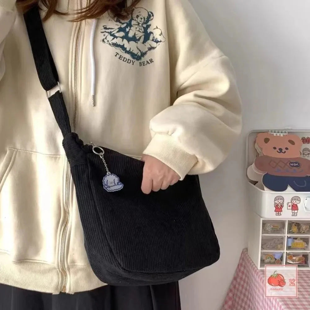 Solid Color Corduroy Crossbody Bag Fashion Korean Casual Shoulder Bag Large Capacity Lazy Style Handbag Women GatoGeek Black