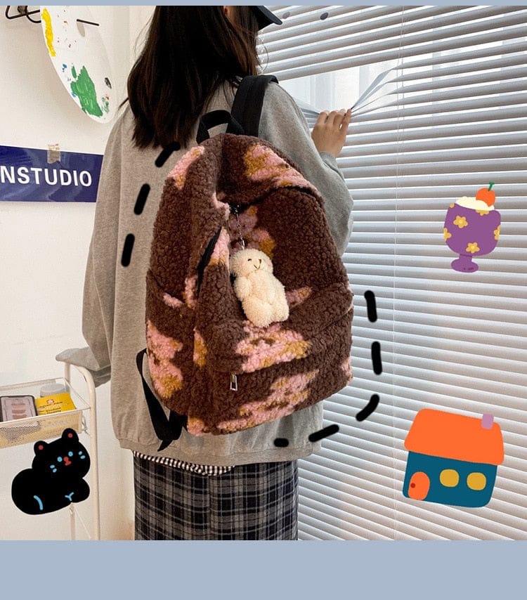 Teddy Bear Fuzzy Backpack Kawaii Side
