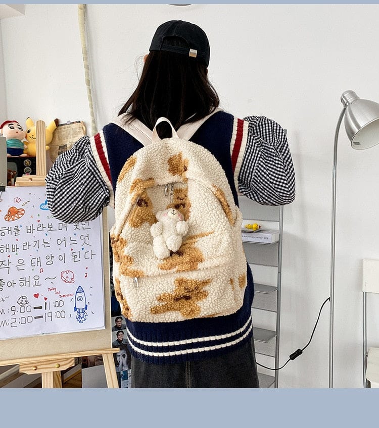 Teddy Bear Fuzzy Backpack Kawaii Side