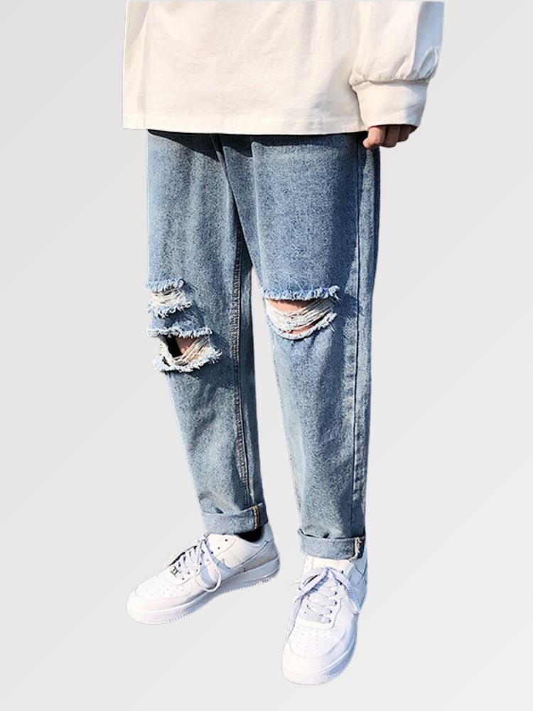 Light Blue Ripped Jeans Mens 'Wasy' - Kawaii Side