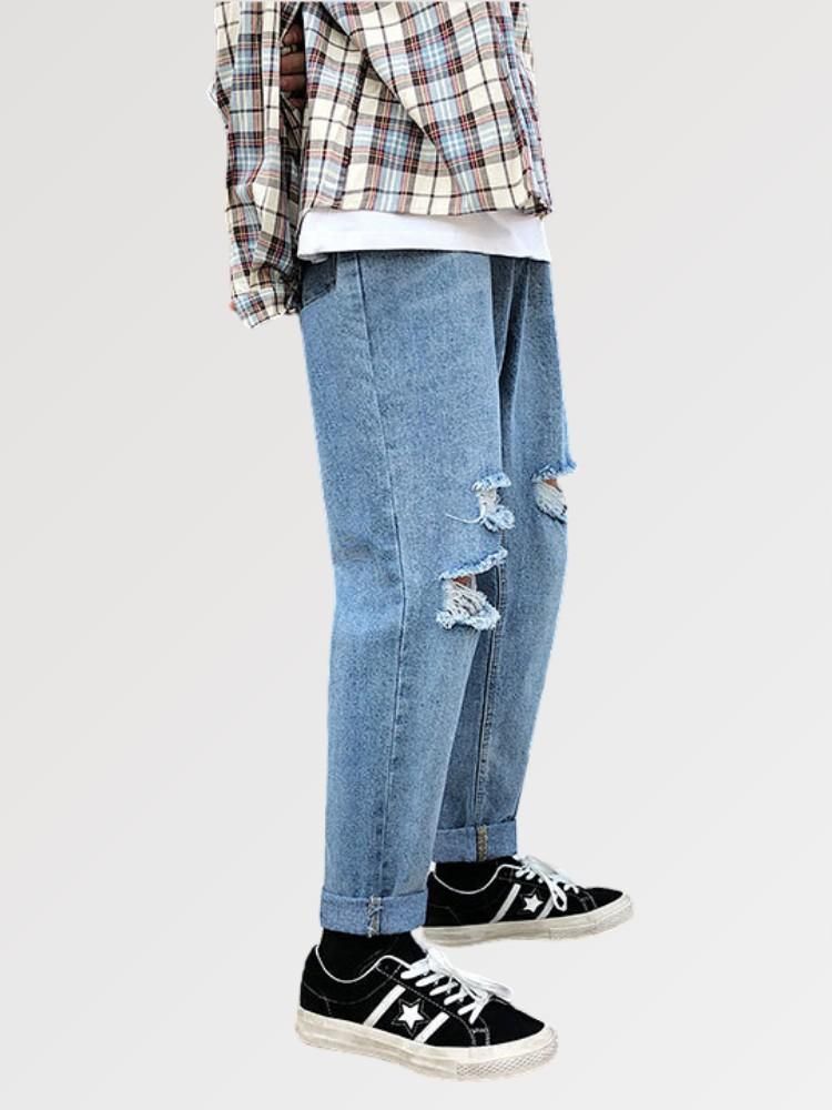 Light Blue Ripped Jeans Mens 'Wasy' - Kawaii Side