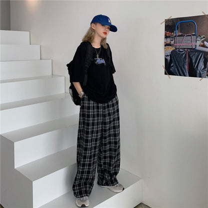 Black Plaid Wide Leg Pants Kawaii Side