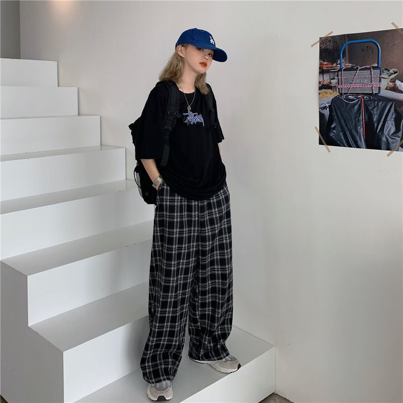 Black Plaid Wide Leg Pants Kawaii Side