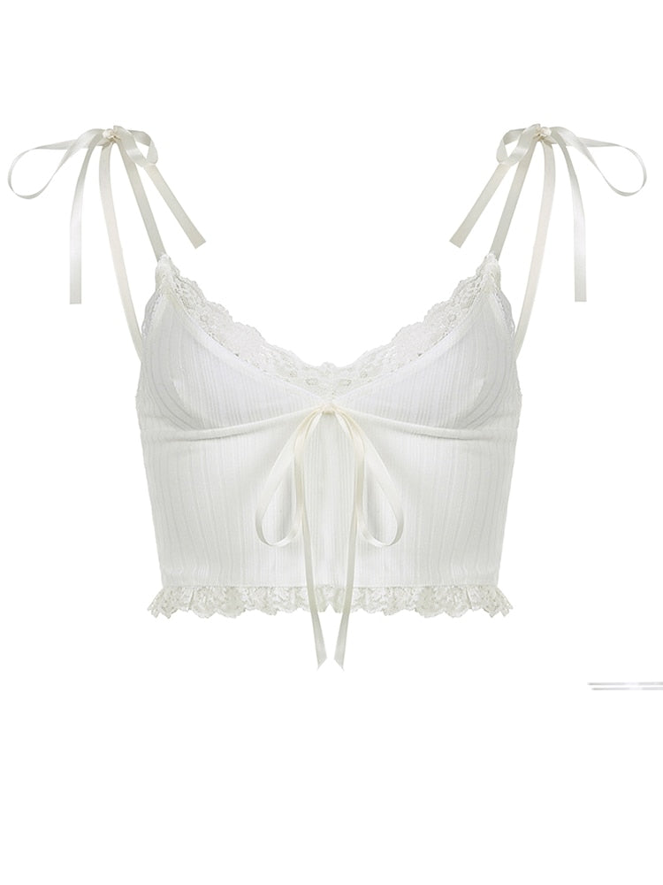 Soft Girl Y2K Lace Trim Crop Top Kawaii Side