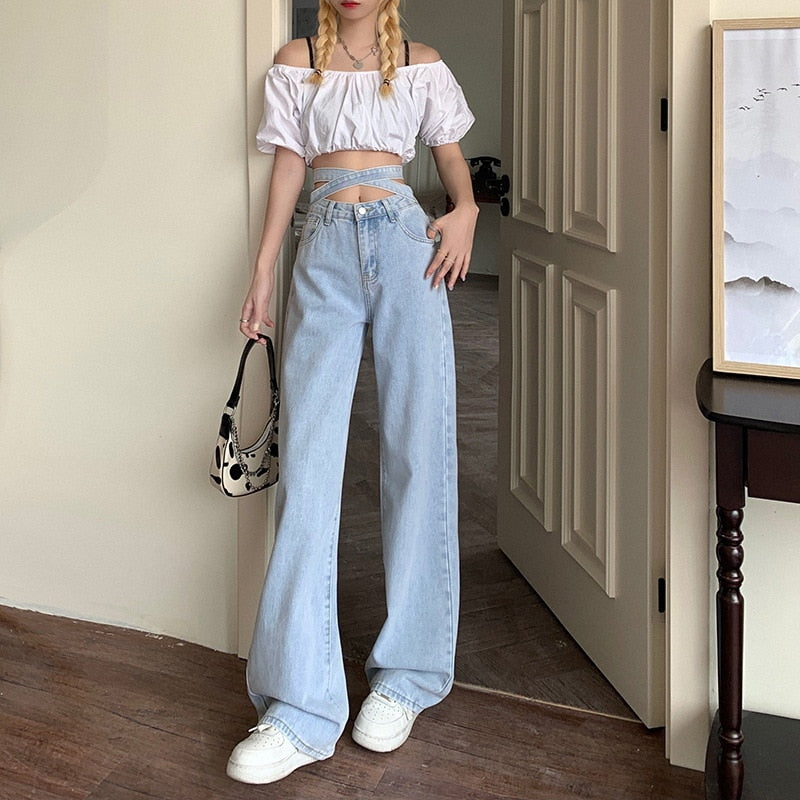 Denim Retro High Waist Pants Kawaii Side