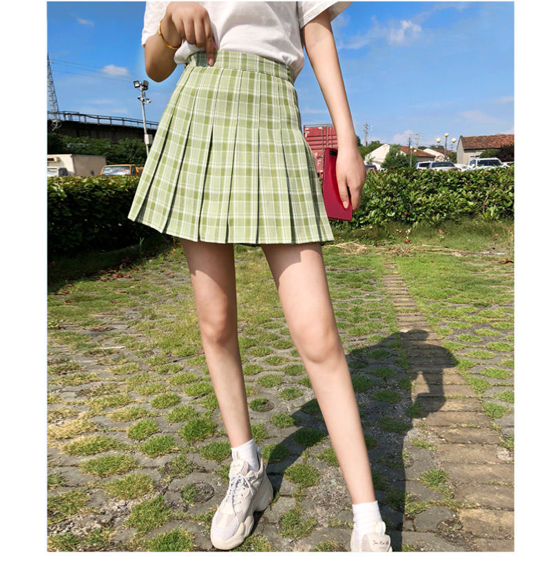 Green Pleated Plaid Korean Skirt Kawaii Side