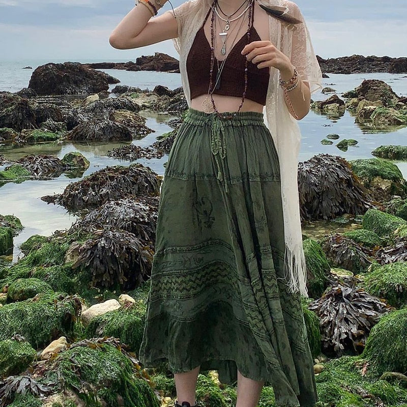 Fairy Grunge Fairycore Green Long Skirt Kawaii Side