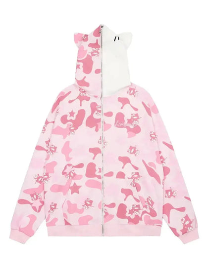 'Wild Kitty' Kawaii Kitty Face Zipped Oversized  Hoodie