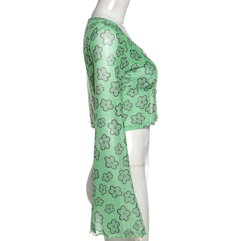 Indie Girl Green Floral Top Kawaii Side