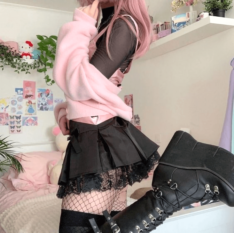 Goth Girl Mini Black Pleated Skirt Lace Trim Kawaii Side