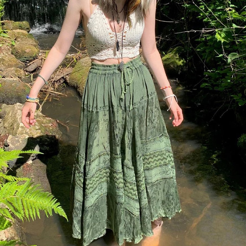 Fairy Grunge Fairycore Green Long Skirt Kawaii Side