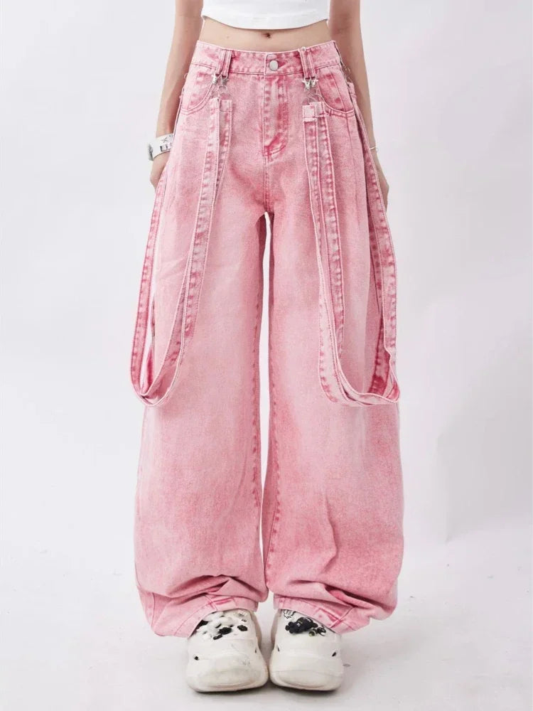 Pink Y2K Cargo Jeans Kawaii Side