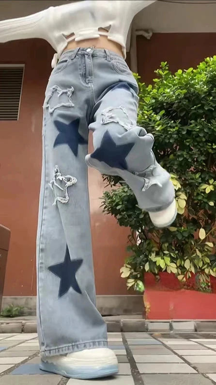 Y2K Baggy Blue Star Jeans Pants Kawaii Side