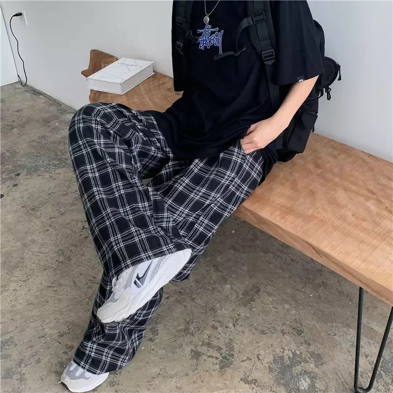 Black Plaid Wide Leg Pants Kawaii Side