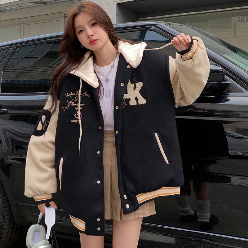 Retro Hooded Baseball Jacket Kawaii Side