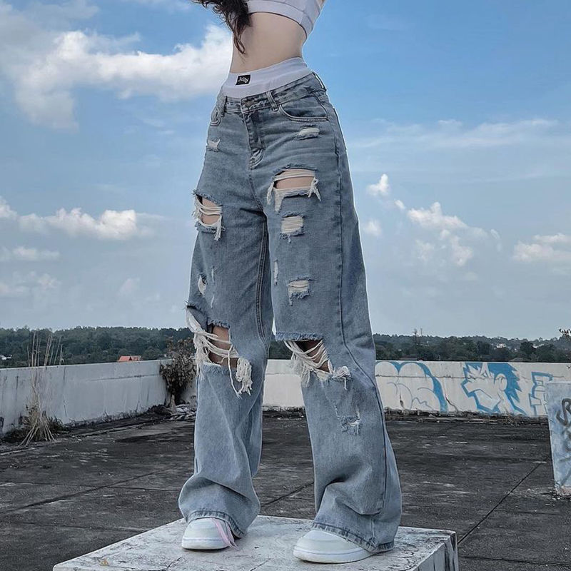 Ripped Straight Jeans Kawaii Side