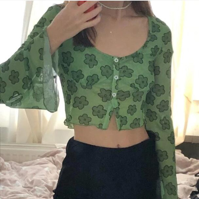 Indie Girl Green Floral Top Kawaii Side