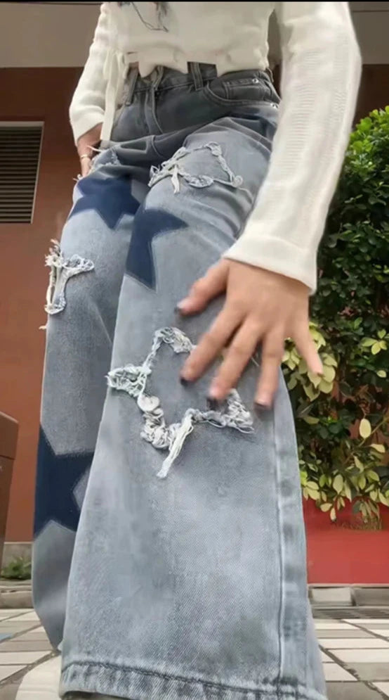 Y2K Baggy Blue Star Jeans Pants Kawaii Side
