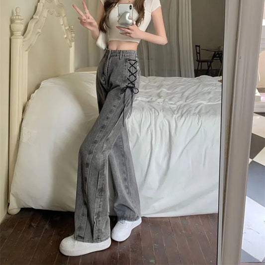 Lace Up High Waist Jeans Kawaii Side
