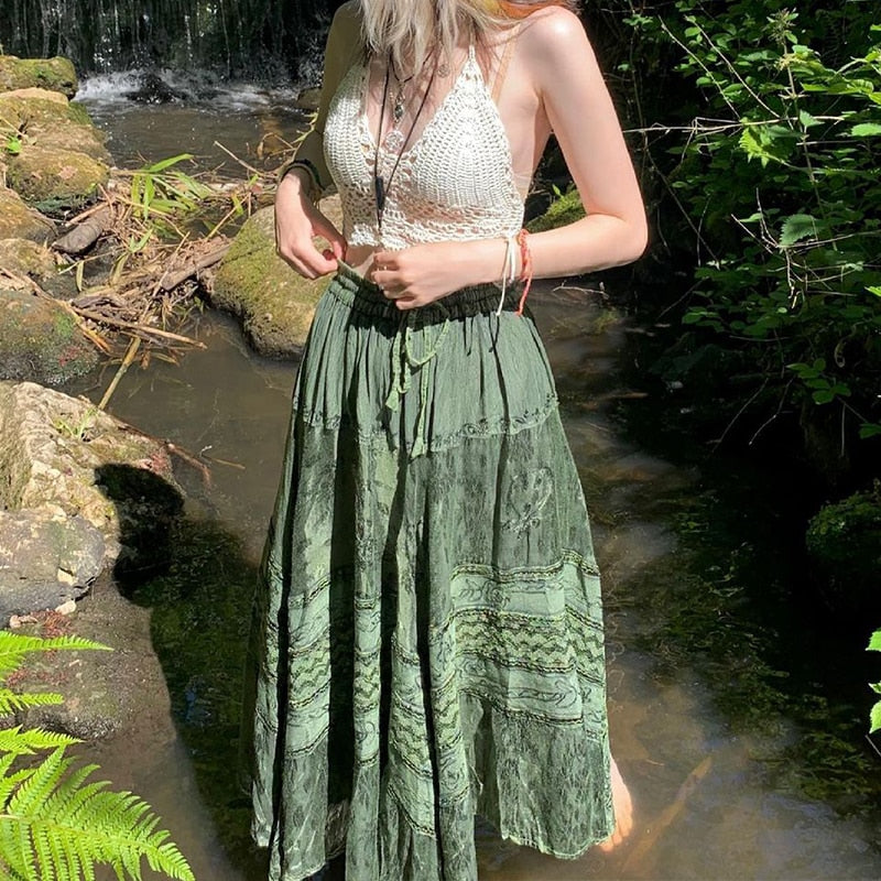 Fairy Grunge Fairycore Green Long Skirt Kawaii Side