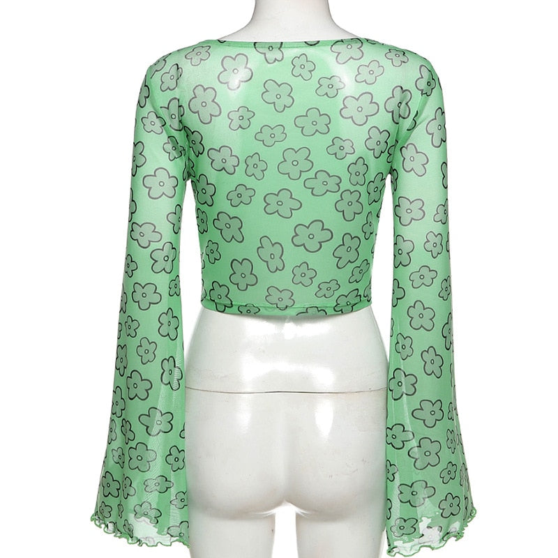 Indie Girl Green Floral Top Kawaii Side