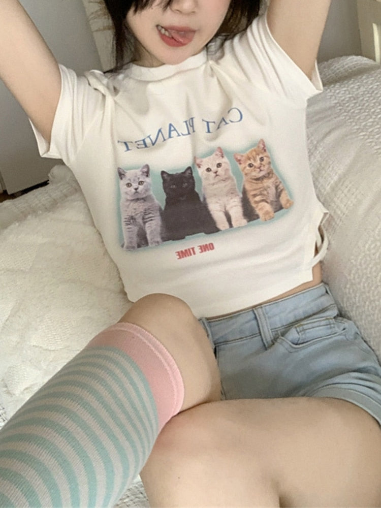 Cute Cat Friends Crop Top Kawaii Side