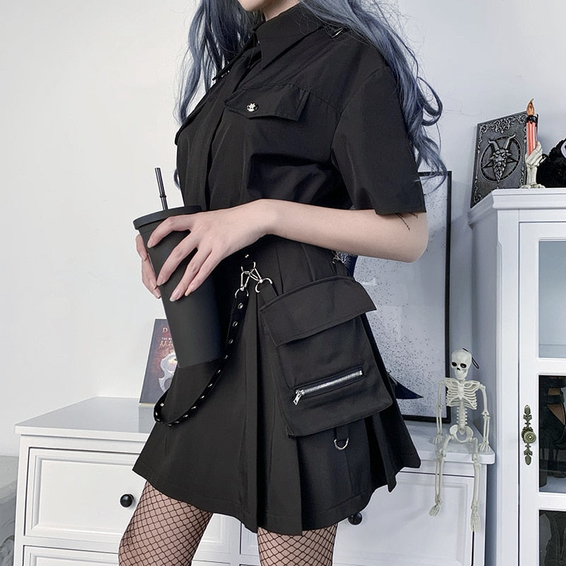 Gothic Black Skirt Cargo Pocket Kawaii Side