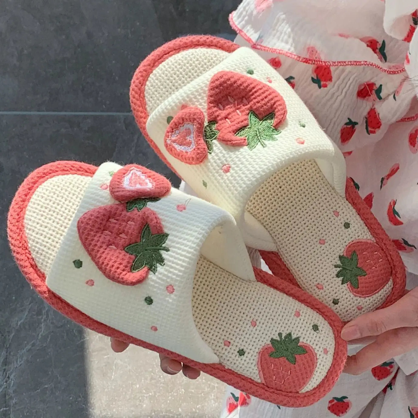Cute Strawberry Linen Sandals - Kawaii Side