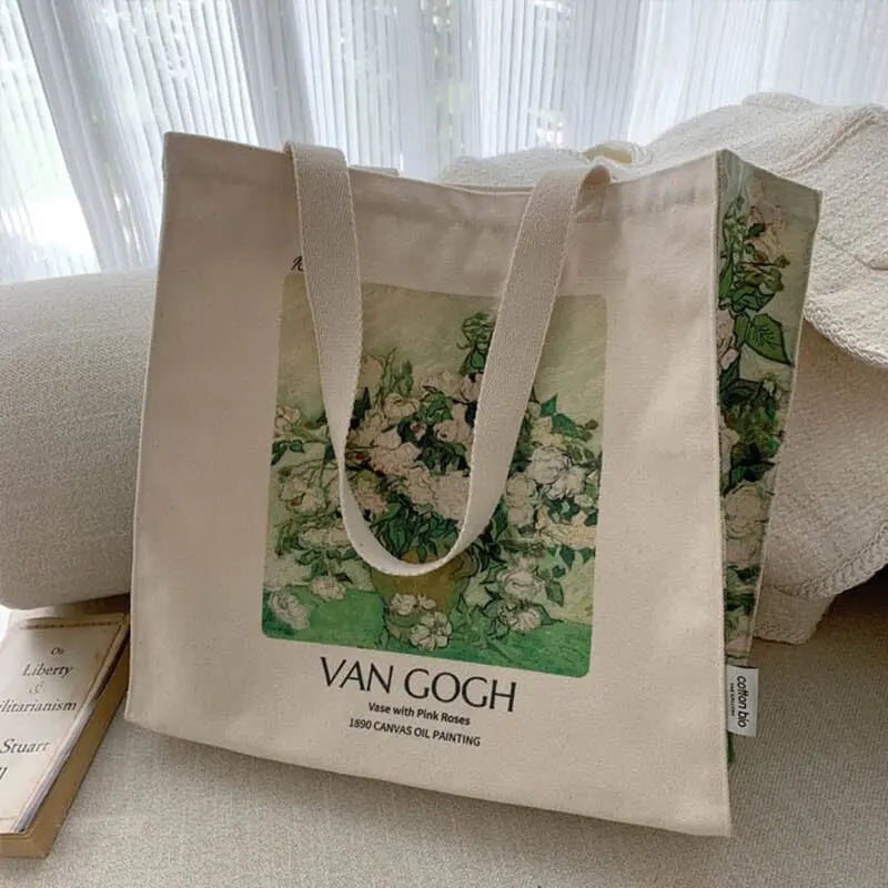 Eco Bag Vintage "Vase with Pink Roses" Vincent Van Gogh - Kawaii Side